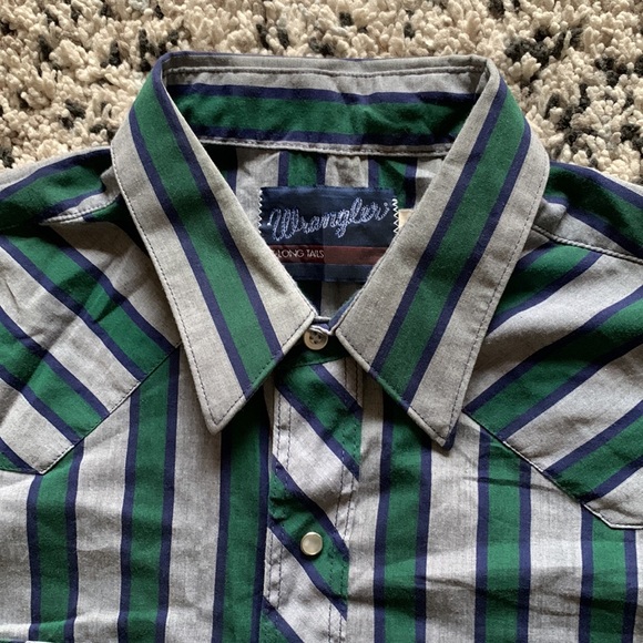 Vintage Wrangler Long Tail Mens Snap Button Western Grey Green Blue Stripe Shirt - Picture 7 of 13